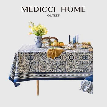 Скатерть Medicci Home из восточной керамики с цветочными узорами Роскошная скатерть французского ретро цвета индиго для столовой кухни