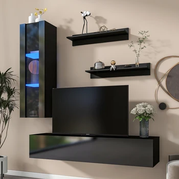 Настенная подставка для телевизора из 4 предметов с прозрачным шкафом для хранения мультимедиа, современный развлекательный центр, RGB подсветка, черный
