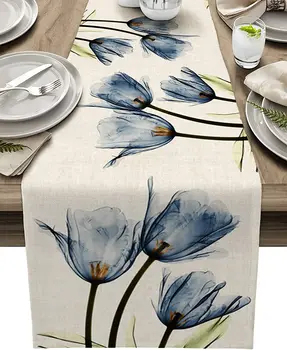 Льняная настольная дорожка с цветком синего тюльпана, свадебное украшение, настольная дорожка против пятен для обеденного стола, декор для праздничной вечеринки