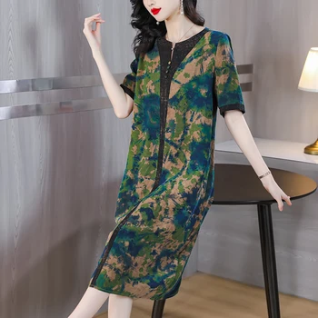 Летнее Модное Элегантное платье с шелковым принтом для женщин 2023, Элегантное Ретро-платье с коротким рукавом, Свободное, непринужденное платье для отпуска, Vestidos