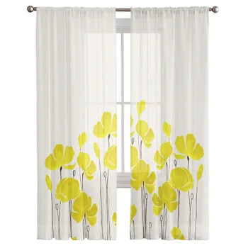 Желтый акварельный цветок мака, тюлевые шторы из хлопка и конопли для гостиной, шифоновая вуаль, прозрачная занавеска для спальни