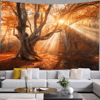 Осенний лесной гобелен, висящий на стене, опавшие листья, пейзаж, украшение комнаты, украшение семейной спальни, гобелен