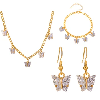 Изящный набор украшений с бабочками для женщин, Роскошный шарм в виде бабочки из Циркона, сделай сам, Толстая цепочка, ожерелье, Серьги, Кольцо, Изысканные ювелирные изделия