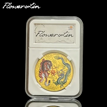 Акриловая квадратная коробка из цветочного льна / Китайские Древние Мифические существа Талисман Дракон и Тигр Памятная монета Зодиакальный Тигр