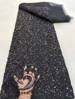 Модная последовательность черных бусин Африканская кружевная ткань 5 ярдов 2023 г. Высококачественный Французский тюль с пайетками Нигерийские свадебные кружевные ткани