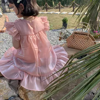 Платье с коротким рукавом для девочек, Летние детские шелковые детские платья с оборками, розовое платье для вечеринки по случаю дня рождения малыша Оптом