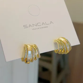Многослойные серьги-кольца из натурального золота 14 карат, Гальваническая медь, инкрустированная цирконом, Минималистичные геометрические серьги С-образной формы.