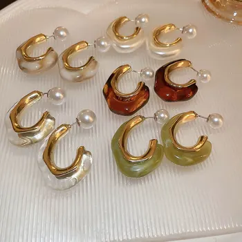 Ретро С-образные серебряные игольчатые жемчужные серьги-кольца для женщин, модные акриловые серьги неправильной формы, изысканные ювелирные украшения, подарки для девочек