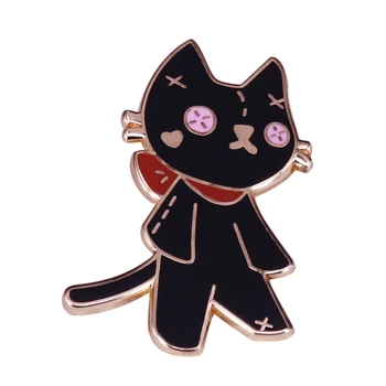 Черная кошка с нашитыми глазами-пуговицами, брошь-булавка, вдохновленная детским фильмом 