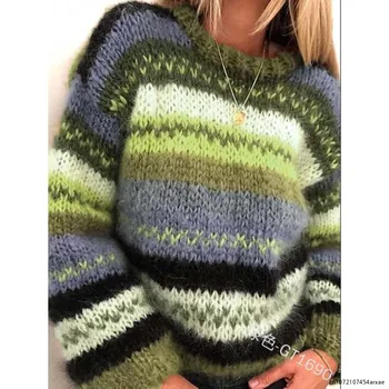 Зимний женский свитер с круглым вырезом, пуловеры, разноцветный полосатый свитер с длинными рукавами, пуловер, топ 2023 г.