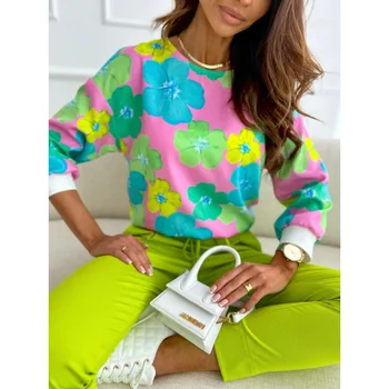 2023 Весна-Лето, Новая блузка с шестицветным принтом и рукавами в семь точек, Офисная Женская рубашка, Повседневные Элегантные Свободные блузки, уличная одежда