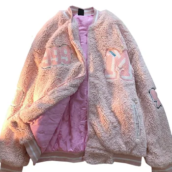Леди Зима, Милое розовое высококачественное пальто из шерсти ягненка с вышивкой в стиле харадзюку, Женская толстовка, Новый пуловер на молнии, женский 2021 г.