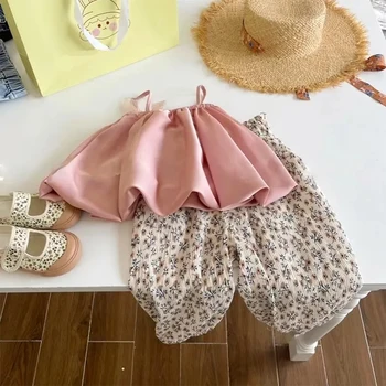 Menoea / Новые летние комплекты для маленьких девочек, Розовый шелковый камзол + брюки в цветочек, костюм из 2 предметов, детский повседневный жилет, комплект детской одежды для девочек