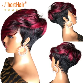 Темно-красный парик с пикси-стрижкой, человеческие волосы, короткий парик-боб с натуральной челкой, Бразильские парики для женщин, косплей, полностью машинный парик из человеческих волос