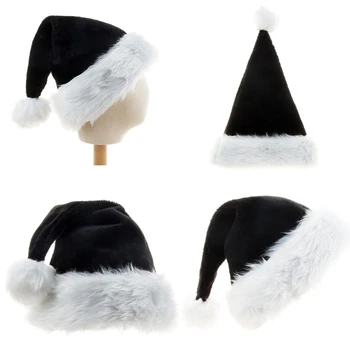 Шляпа Санты для Взрослых, Детская Рождественская Шляпа с Плюшевым помпоном, Комфортный Рождественский Костюм на Хэллоуин, Декор для Рождественской вечеринки (Черный) H7EF