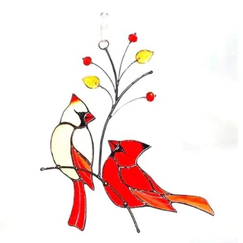 Пара Красных Птичьих Витражных украшений Для Украшения Домашнего Окна (Две Птицы На Красном Дереве)