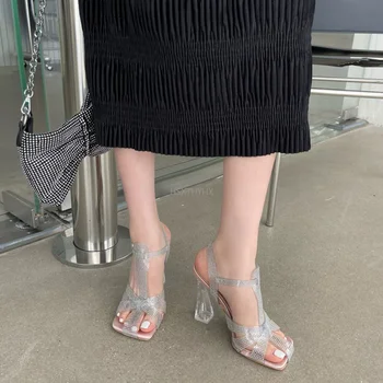Женские босоножки с квадратным носком, вечерние туфли-лодочки, прозрачные модельные туфли, вечерние туфли-лодочки на прозрачном высоком каблуке, женские туфли-лодочки большого размера 35-41