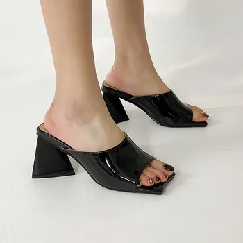 Женская обувь на заказ Cebule 2022, Новая женская обувь из лакированной кожи, тапочки с рыбьей пастью на толстом высоком каблуке 32-43 TYX