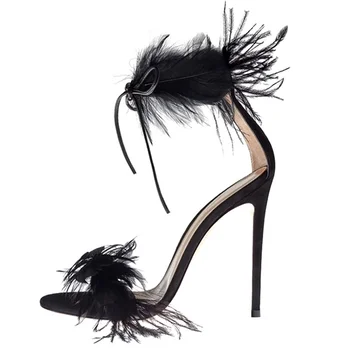 Пикантные женские босоножки с перьями, Летние босоножки на высоком каблуке-шпильке с открытым носком, модные подиумные женские туфли-лодочки на шнуровке для свадебной вечеринки