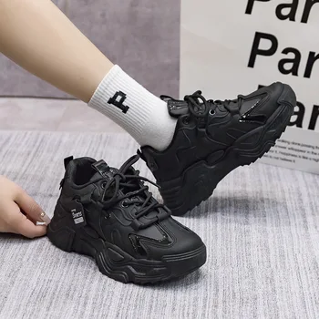 Женская обувь на платформе, Весна, Кожа, Новинка 2023 года, Универсальные черные повседневные кроссовки, Однотонная вулканизированная обувь на шнуровке, Tenis Feminino