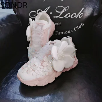    Женские кроссовки на платформе с жемчугом и цветами, со стразами, на шнуровке, на высоком каблуке, обувь в стиле Лолиты, сделай сам, для девочек, 3 стиля, Белый, Розовый 