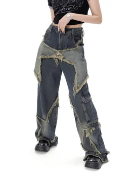 Новые женские брюки с кисточками, сшитые звездами, джинсы в американском ретро стиле, свободные Широкие брюки, Модные брюки в стиле панк Y2k