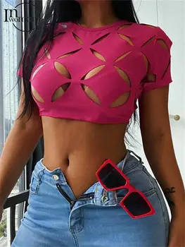 Летняя Сексуальная открытая футболка Inwoman, клубный наряд для женщин 2023, укороченные футболки с коротким рукавом и круглым вырезом, топ, Женская Розово-красная футболка