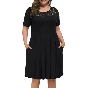 Платья больших размеров для женщин, Черное Летнее платье с коротким рукавом и круглым вырезом, Свободные карманы, Элегантное Женское кружевное платье Миди Vestido 5L
