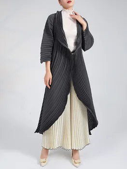 Куртки-ветровки Miyake с плиссированной летучей мышью, Новинка весны 2023 года, Корейские модные Дизайнерские женские поло, кардиган неправильной формы, Длинные пальто