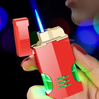 Ветрозащитная зажигалка с реактивным пламенем, креативная светодиодная прозрачная газовая зажигалка с зеленым светом, надувная Регулируемая металлическая зажигалка для мужских подарков