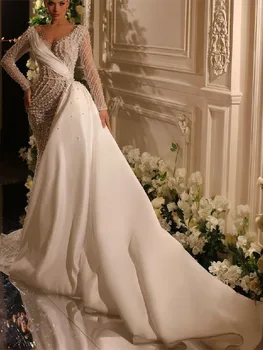 Роскошные свадебные платья Русалки с длинными рукавами и V-образным вырезом, 3D Кружево, блестки, атлас, бисер, жемчуг, съемный шлейф, свадебные платья на заказ