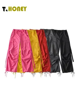 TELLHONEY Женские Модные Однотонные брюки спереди на шнуровке с карманами и складками, женские повседневные Прямые брюки-карго с низкой талией