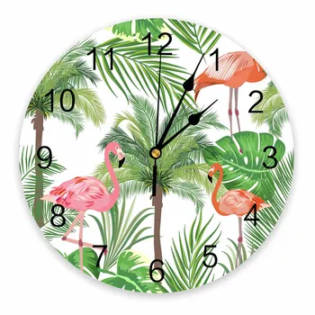 Скандинавский Фламинго Тропические Листья Зеленые Декоративные Круглые Настенные часы Индивидуальный Дизайн Не Тикающие Бесшумные Спальни Большие Настенные часы