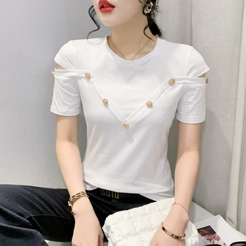 Новая сексуальная футболка с открытыми плечами, женская однотонная футболка с коротким рукавом, облегающий топ, шикарная маленькая рубашка с круглым вырезом, летняя