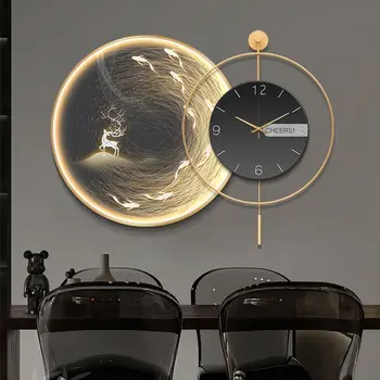 Легкая декоративная картина в роскошном стиле с часами высокого класса, круглые светящиеся часы, подвесная картина, настенная роспись для домашней гостиной