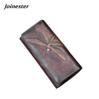 Винтажный длинный кошелек из натуральной кожи с тиснением для женщин, карман для нескольких карт, обложка для чековой книжки, кошелек-клатч с бабочкой