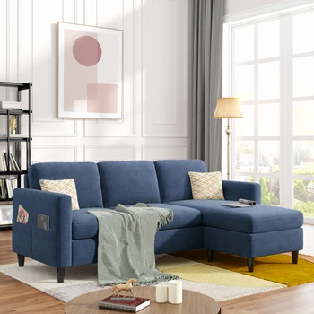 Раскладной секционный диван с удобным боковым карманом, L-образный 3-местный диван для гостиной с современной льняной тканью для небольшого пространства