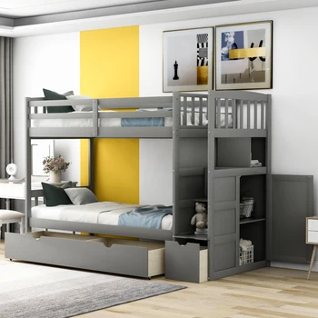 Двухъярусная кровать Twin over Full/Твин, раскладная нижняя кровать, полки и ящики для хранения, серый