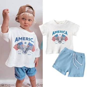 Комплекты летней одежды для маленьких мальчиков FOCUSNORM на День независимости, топы с буквенным принтом орла длиной 0-24 м + однотонные шорты с завязками
