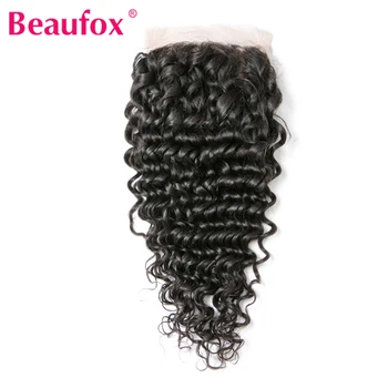 Бразильская глубокая волнистая кружевная застежка Beaufox 4x4 из человеческих волос без пробора с детскими волосками 130% плотности, натуральный цвет Remy Hair