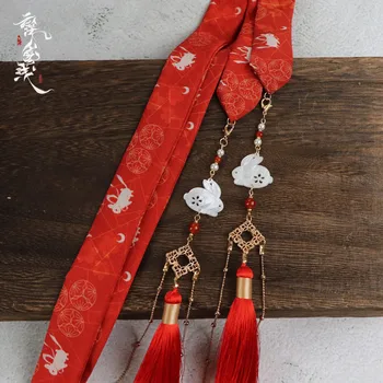 Оригинальная лента для волос ручной работы Hanfu с кисточками, кролик в древнем стиле, Поясная лента без ступеньки