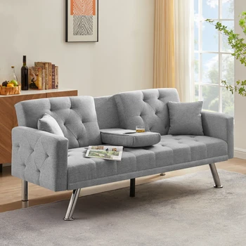 Льняной раскладной диван с квадратными подлокотниками, диван-кровать для гостиной, серый