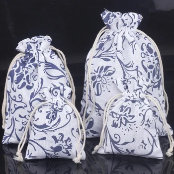 5 шт./лот Сине-белая сумка на шнурке с принтом, подарочная упаковка на День Святого Валентина, упаковка конфет и орехов