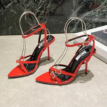 Женские пикантные туфли на высоком каблуке, Сандалии, острый носок, ремешок с пряжкой, лакированная кожа, тонкие каблуки 11 см, модные офисные Zapatos Mujer
