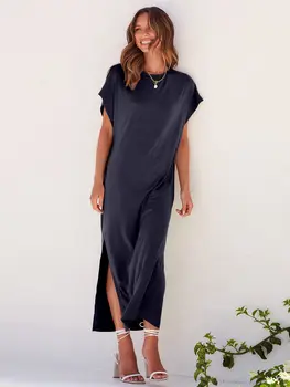 Популярное платье с разрезом с коротким рукавом в Европе и Америке, повседневная свободная пляжная юбка с разрезом сбоку