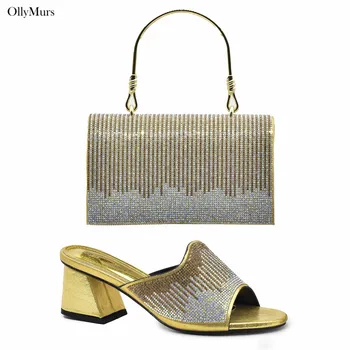 Модный дизайн, женские туфли и сумка золотистого цвета в тон, Африканские летние туфли на высоком каблуке со стразами и сумка в комплекте для вечеринки