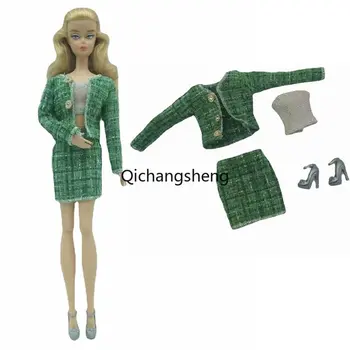 1: 6 Зеленый плед 1/6 Комплект кукольной одежды для Барби Одежда для кукол Барби Аксессуары Верхнее пальто Юбка Обувь 11,5 