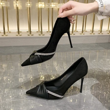 Осенние новые женские туфли на высоком каблуке-шпильке со стразами, пикантные туфли-лодочки с острым носком, модные тонкие туфли с мелким носком для женщин