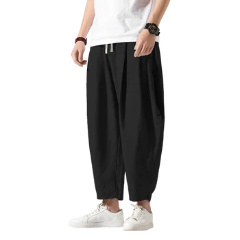 Укороченные брюки из хлопка и льна для мужчин, летние тонкие свободные широкие брюки, трендовые брюки в китайском стиле, большие повседневные укороченные брюки