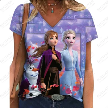 Женская Летняя Новая Модная Футболка Disney Ice and Snow Legend с 3D принтом И коротким рукавом, Женская футболка с V-образным вырезом, Персонализированный Повседневный Стиль